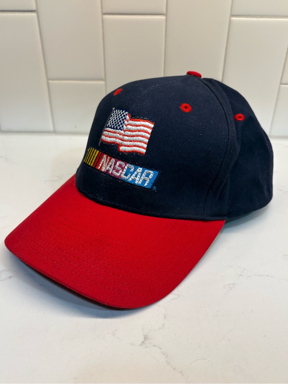 NASCAR US Flag Navy Red Embroidered Strapback Baseball Cap Hat Lightwear⁠